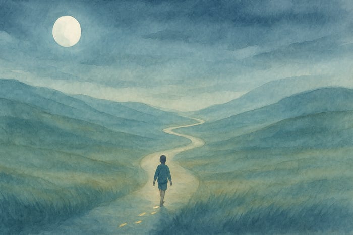 Watercolor painting of a lone figure walking along a winding moonlit path through soft hills, leaving faint glowing footprints behind. The serene scene symbolizes conquering self-doubt through small, steady steps toward confidence and self-trust.