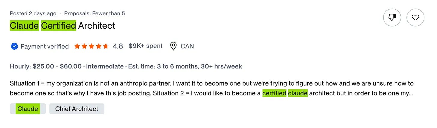 Upwork job listing titled Claude Certified Architect paying $25 to $60 hourly for 3 to 6 months at 30-plus hours a week Upwork job listing titled Claude Certified Architect paying $25 to $60 hourly for 3 to 6 months at 30-plus hours a week