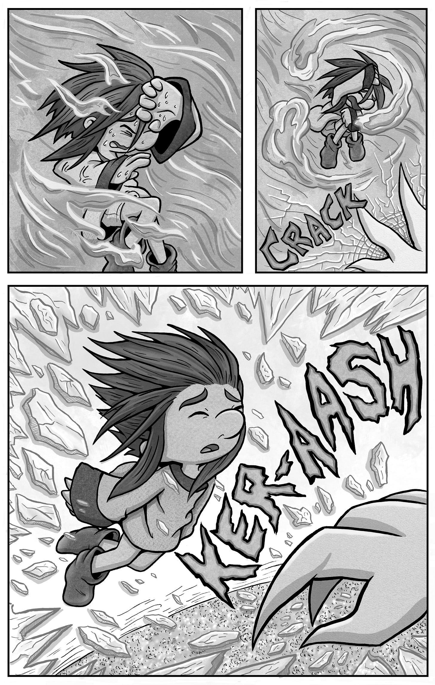 Kali is caught in a spiraling force of energy, shielding herself as she's lifted into the air. A crack forms beneath her as something immense reacts. In the final panel, she is hurled through shards of light, eyes shut, as a large clawed paw (or hand) begins to appear beneath her — the first visual sign of a mannamong. Kali is caught in a spiraling force of energy, shielding herself as she's lifted into the air. A crack forms beneath her as something immense reacts. In the final panel, she is hurled through shards of light, eyes shut, as a large clawed paw (or hand) begins to appear beneath her — the first visual sign of a mannamong.
