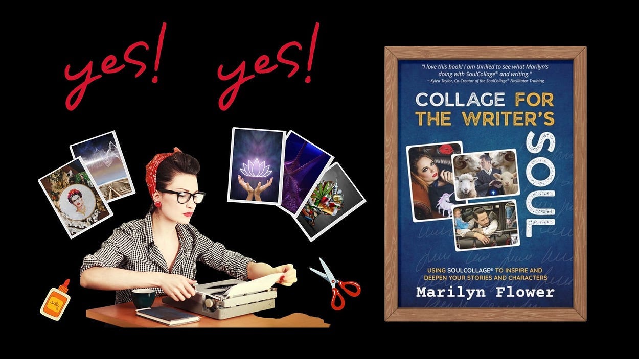 A retro looking woman in red bandana works on a funky old typewriter. she has five collaged cards in a semi-circle above her head and the words, yes! yes~ next to her image is a framed copy of my latest book’s cover — Collage For the Writer’s Soul. its deep blue with three collaged cards on it, and a testiomy by Kylea Taylor of SoulCollage, Inc.