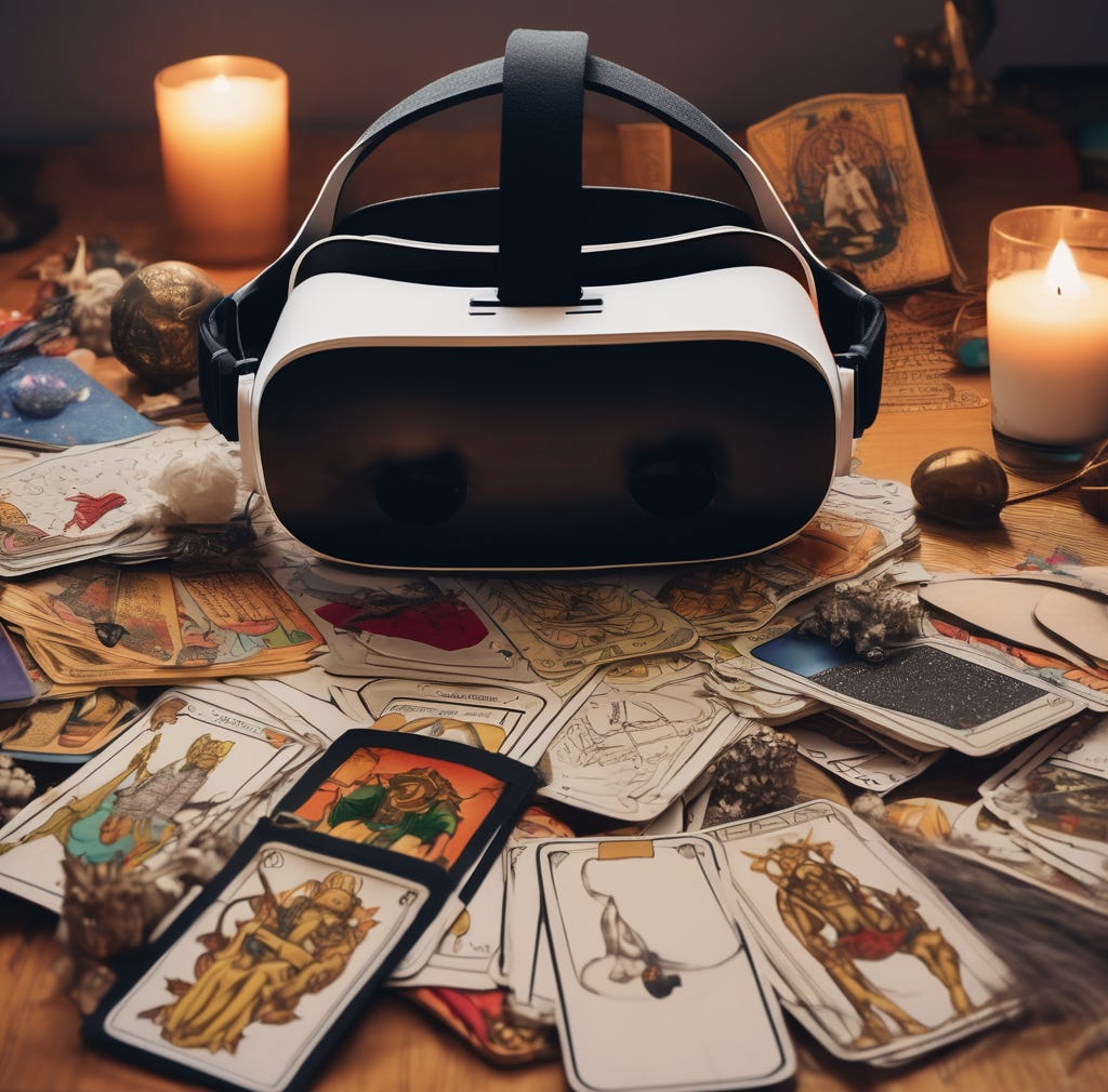 show me a VR headset sitting on top of a pile of tarot cards and other fortune telling items on a table.png