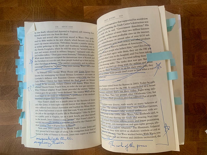 Photos of Waco Rising by Kevin Cook, thoroughly tabbed and with notes scrawled all over it