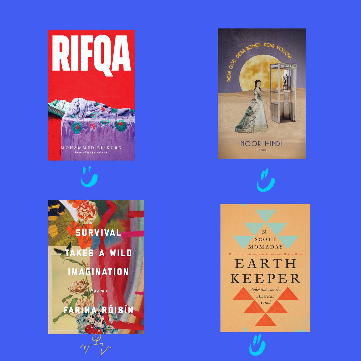 Rifqa by Mohammed El-Kurd (liked) Dear God. Dear Bones. Dear Yellow. By Noor Hindi (Liked) Survival Takes a Wild Imagination by Fariha Roisin (meh) Earth Keeper by M. Scott Momaday (liked)