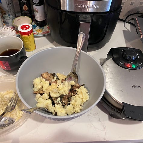 stuffing, mashed potatoes, turkey, waffle iron, waffle