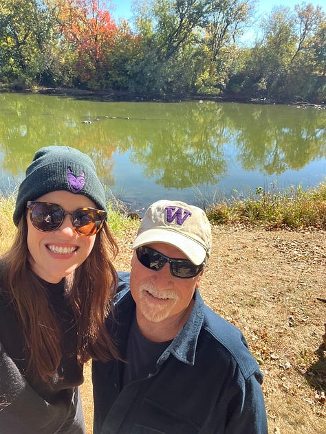 Linea driving and giving a peace sign, Linea presenting on a stage, Linea and her dad smiling and wearing sunglasses, the Northern Lights, Linea making a scared face next to her smiling dad at The House on the Rock, Linea and two friends in front of a hot air balloon.