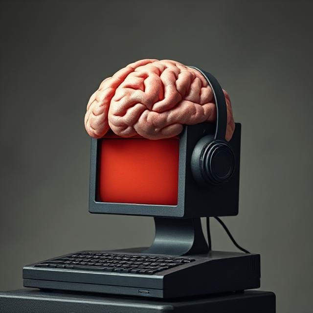 AI generated image of a computer wearing a brain like a hat. The computer is wearing headphones for incomprehensible reasons. AI generated image of a computer wearing a brain like a hat. The computer is wearing headphones for incomprehensible reasons.