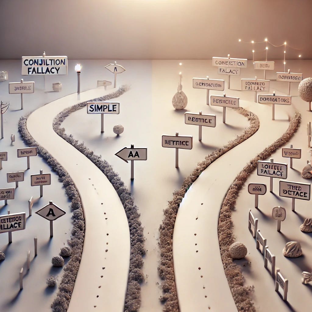 An image depicting two paths. One path (labeled 'A') is simple, direct, and straightforward, leading clearly to its destination with no extra distractions. The other path (labeled 'B') is cluttered with unnecessary signs, decorations, and complex details, making it appear more elaborate and plausible, but ultimately winding and less direct. The scene represents the concept of the conjunction fallacy, where extra details make the path seem more convincing but less likely. The overall setting is minimalist, with subtle lighting to emphasize the clarity of path A versus the confusion of path B.