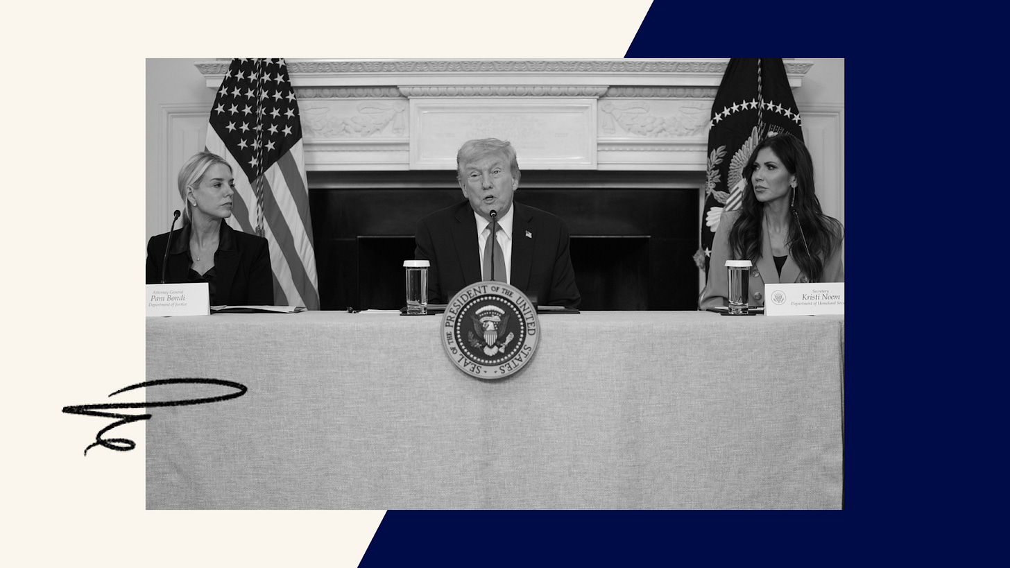 Donald Trump speaks at the White House, Wednesday, Oct. 8, 2025, in Washington, as Attorney General Pam Bondi and Homeland Security Secretary Kristi Noem listen. (AP Photo/Evan Vucci)