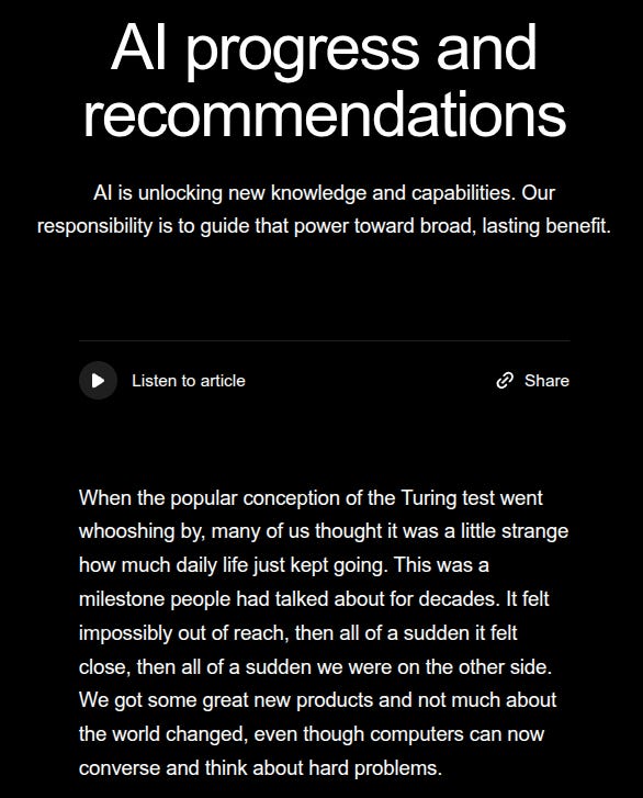 Abstract colorful gradient background in pink blue and purple hues with overlaid text reading AI progress and recommendations followed by description AI is unlocking new knowledge and capabilities Our responsibility is to guide that power toward broad lasting benefit then buttons for listen to article products share and close.