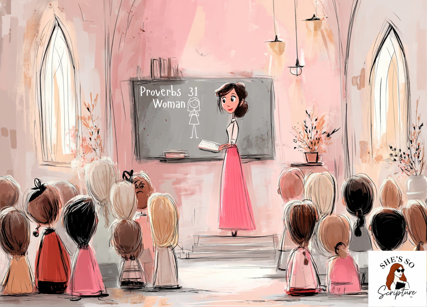 Nostalgic children’s Bible curriculum illustration of the Proverbs 31 woman, warm pastel tones, symbolizing wisdom and covenant strength.