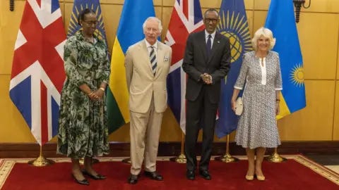 PA Media Prince of Wales and the Duchess of Cornwall meeting President of Rwanda Paul Kagame (second right) and his wife Jeannette Kagame (left) in Kigali,