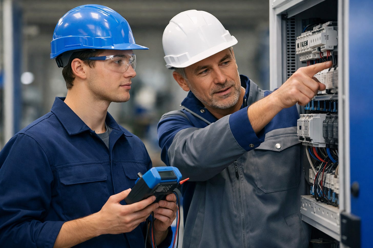 A young trades professional learning alongside an experienced mentor, representing the future of skilled work and leadership development.