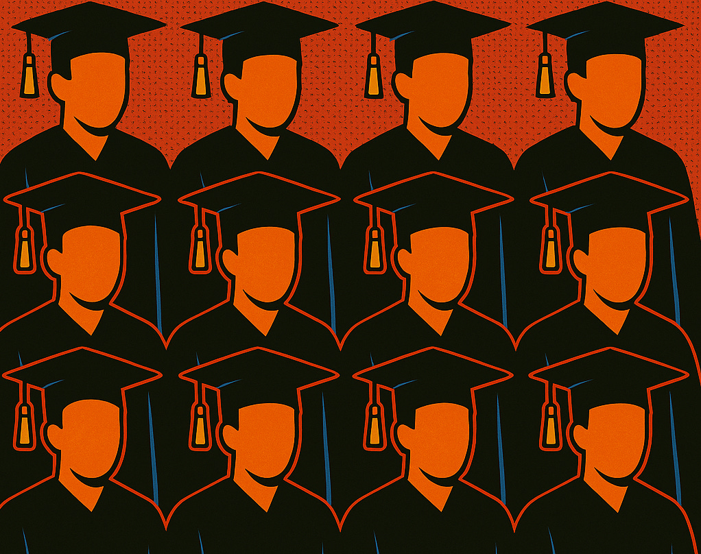 replicate the image of identical looking people wearing a cap and gown, but with everyone wearing the same outfit