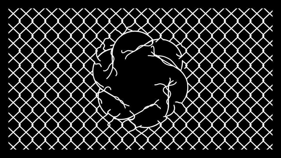 A white wire fence with a black background, with an OpenAI logo-sized hole in the middle A white wire fence with a black background, with an OpenAI logo-sized hole in the middle