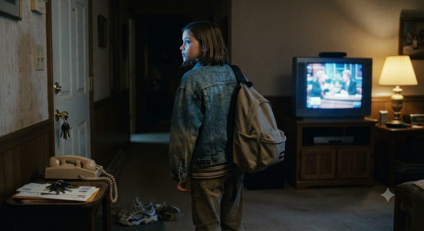 Latchkey child arrives home after school to an empty house while a daytime talk show plays on television, reflecting the independent childhood experience shared by many members of Generation X. Latchkey child arrives home after school to an empty house while a daytime talk show plays on television, reflecting the independent childhood experience shared by many members of Generation X.
