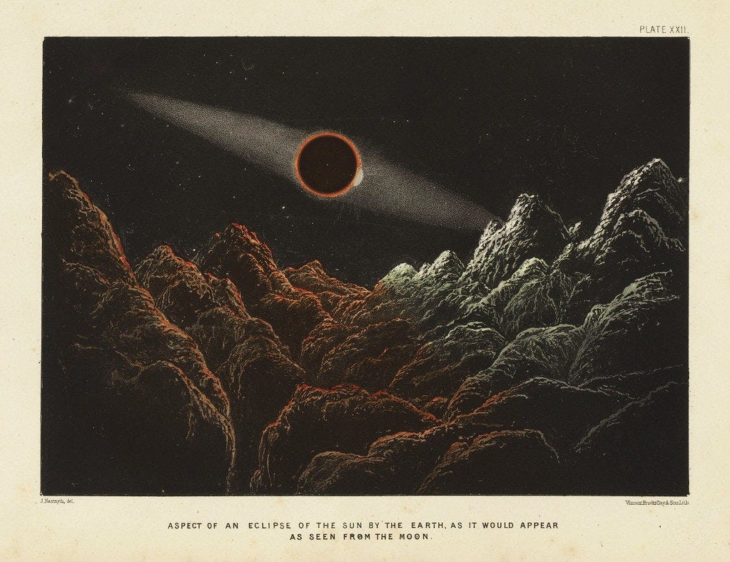 A vintage postcard of a lunar landscape with a black sun with red ring hovering in black space, illuminating a craggy lunar valley