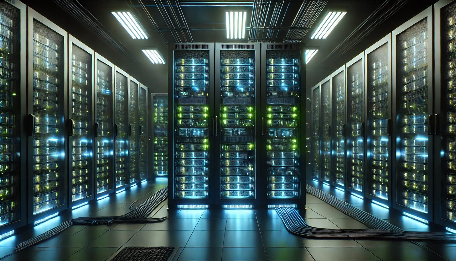 Dark server room with glowing blue and green LED lights, symbolizing backend infrastructure. 