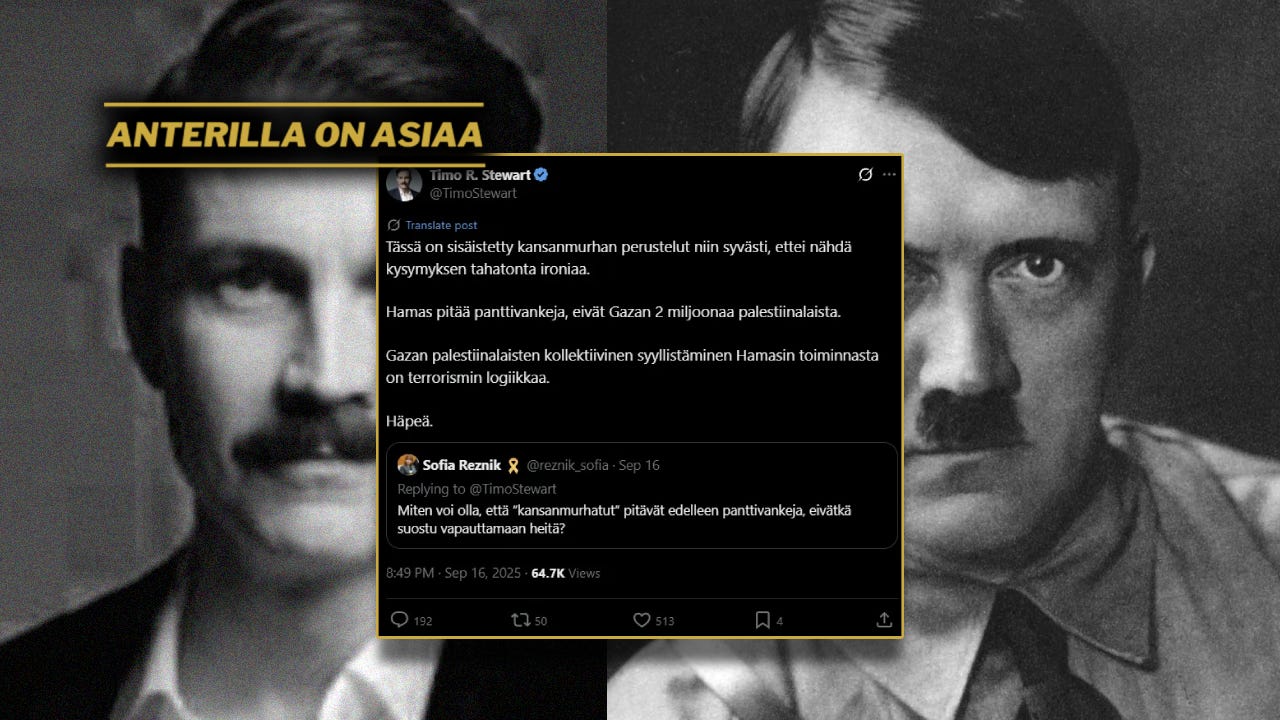 Yleisradion punavihreän propagandan riveistä, Stewart, tunnetaan todellisuuden vääristelijänä, joka usein suoraan nojaa islamistiterroristien levittämään ja länsimaihin viime vuosina laajasti levinneeseen “intifada”-disinformaatioon. Yleisradion punavihreän propagandan riveistä, Stewart, tunnetaan todellisuuden vääristelijänä, joka usein suoraan nojaa islamistiterroristien levittämään ja länsimaihin viime vuosina laajasti levinneeseen “intifada”-disinformaatioon.
