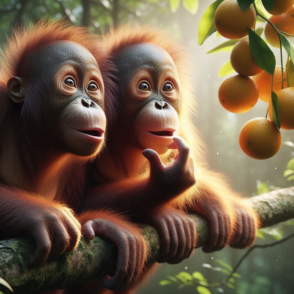 orangutans ogling oranges photorealistic