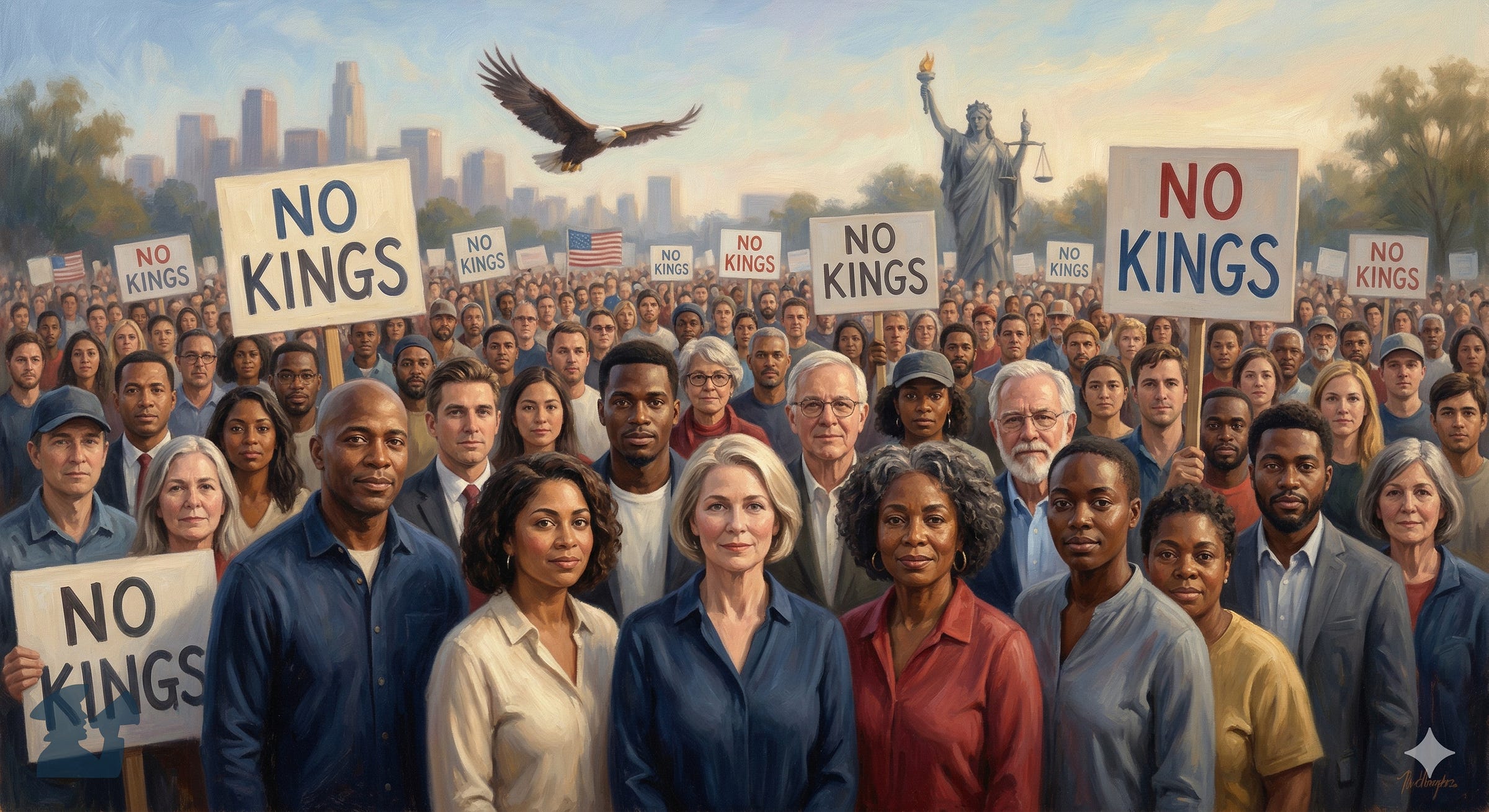 A painting of a large, diverse crowd of people in an outdoor park holding signs that all say 'NO KINGS' in capital letters. In the background, there's a city skyline, a flying bald eagle, and a statue resembling Lady Liberty and Lady Justice.