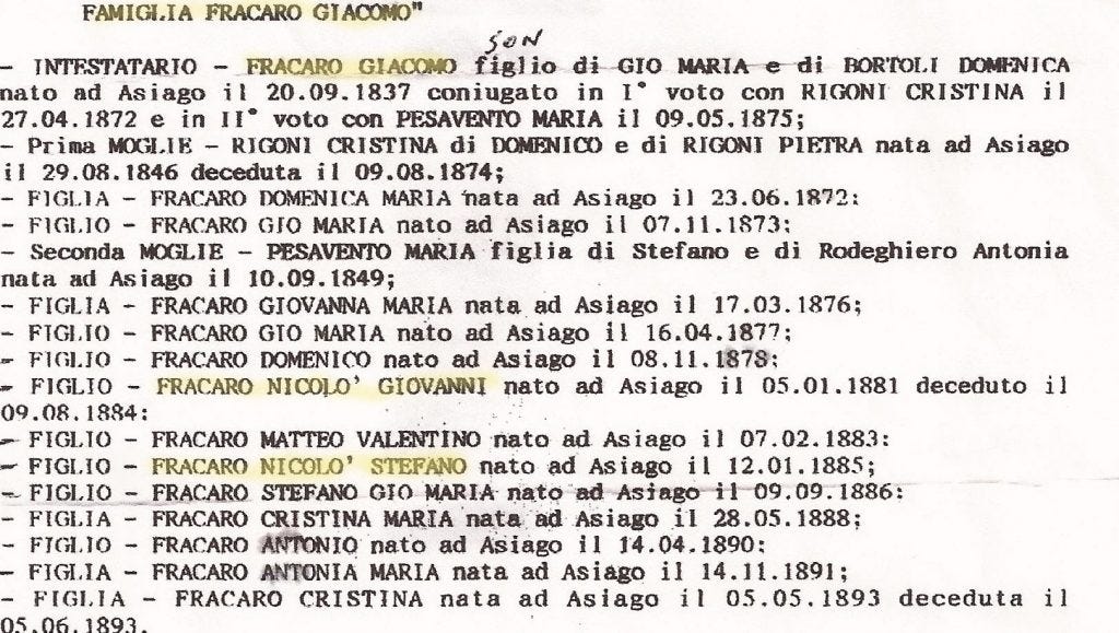 Fracaro family birth records from Asiago,Italy Fracaro family birth records from Asiago,Italy