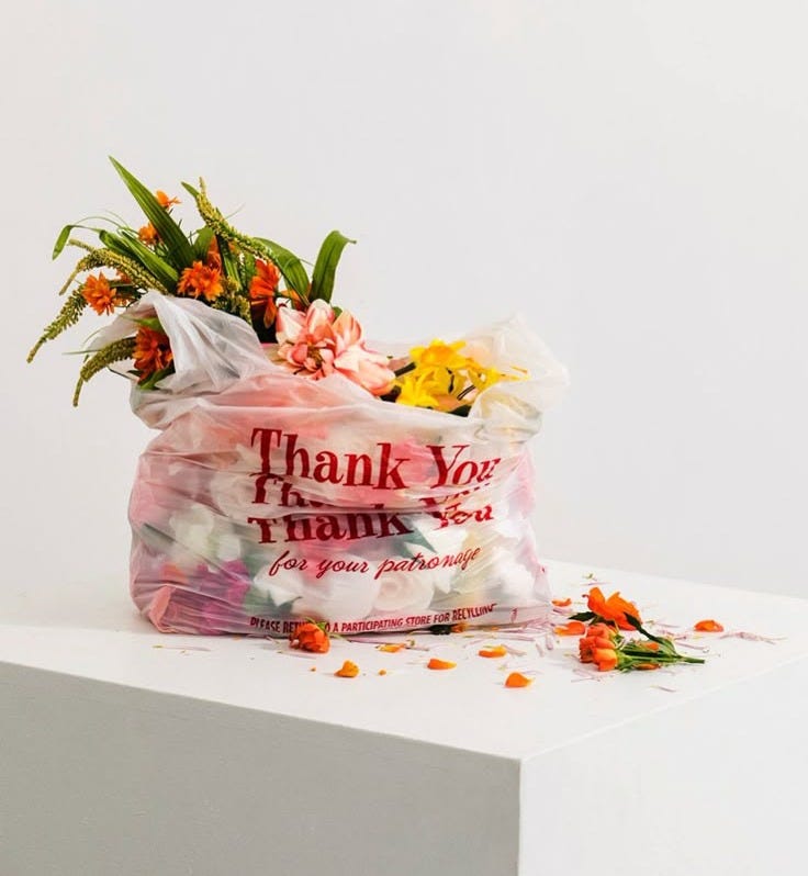  A bouquet of flowers stuffed into a crumpled plastic bag that reads “Thank You for your patronage,” with scattered petals on a white plinth. The flowers look discarded, the gratitude mass-produced.