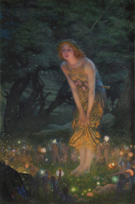 Esta pintura retrata uma jovem mulher em um vestido dourado, cercada por várias fadas. A mulher está de pé com os braços estendidos e a cabeça ligeiramente inclinada para o lado, como se estivesse olhando para algo ou alguém fora da tela. Seu rosto tem uma expressão de admiração e espanto, enquanto as fadas ao seu redor parecem estar dançando alegremente em comemoração.  O vestido da mulher é feito de tecido dourado que brilha à luz e apresenta desenhos intrincados ao longo das bordas. Ela usa um colar de ouro combinando com o pescoço e brincos delicados em cada lóbulo da orelha. Seus cabelos são longos e castanho-escuros, caindo em cascata pelos ombros em ondas suaves.  O fundo dessa pintura consiste principalmente em tons de azul e roxo que lhe dão uma sensação etérea; há também algumas estrelas espalhadas pelo céu acima das figuras retratadas aqui. Além dessas cores, há toques de amarelo nas asas das fadas, o que acrescenta calor à imagem como um todo.