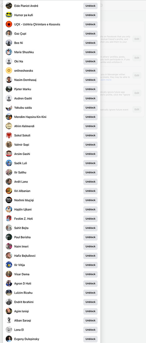 9 out of 17 Screenshots of the Facebook Block List