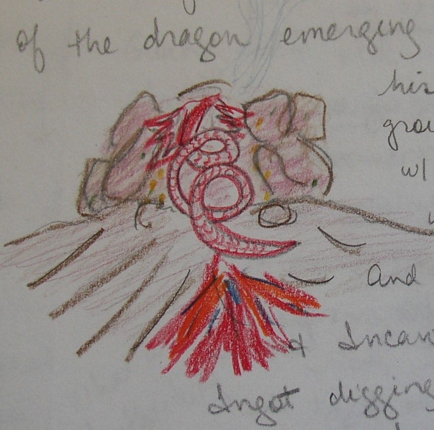drawing of coiled red dragon rising up through the ground