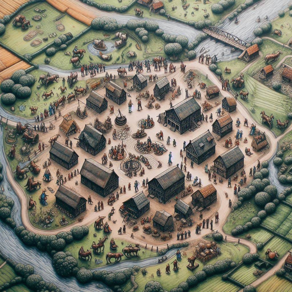 make a picture of a small village surrounded by a lot of land.  The image is bird eye view, and in the village there are people interacting. The picture is from the mideval