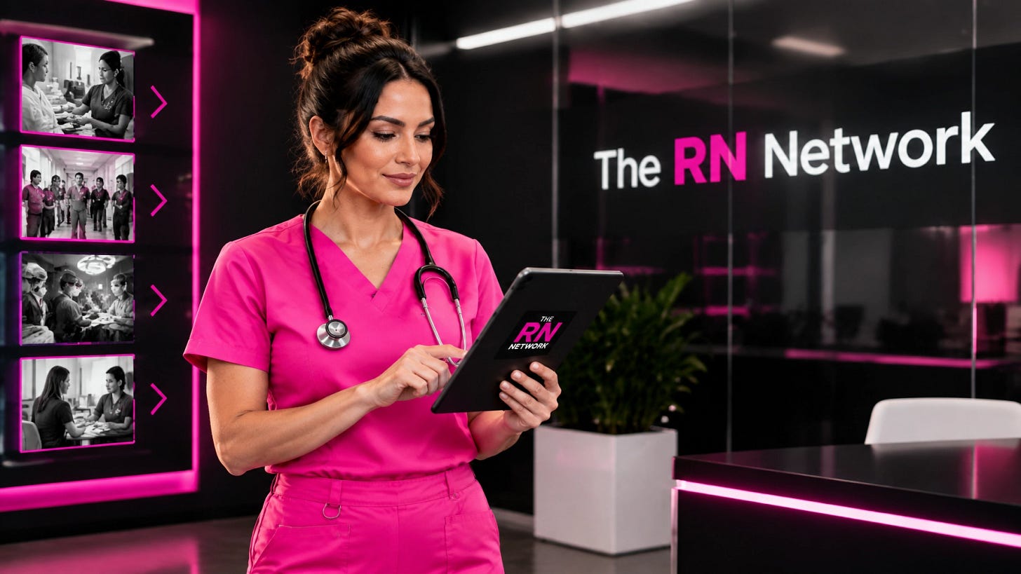 Registered nurse in pink scrubs planning career options with healthcare workplace information on a tablet Registered nurse in pink scrubs planning career options with healthcare workplace information on a tablet