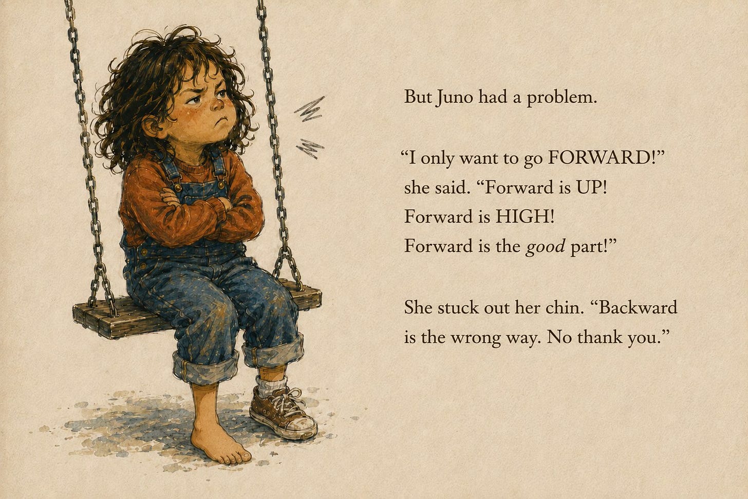 But Juno had a problem. 'I only want to go FORWARD!' she said. 'Forward is UP! Forward is HIGH! Forward is the good part!' She stuck out her chin. 'Backward is the wrong way. No thank you.' Juno sits scowling on the swing, arms crossed.