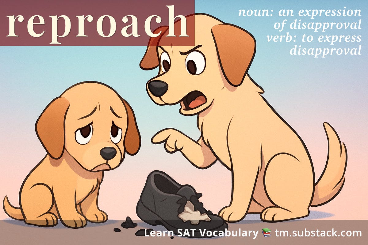 Illustration of a guilty-looking puppy next to a chewed shoe, being 'chewed out' by her mother; used to illustrate the SAT word 'reproach'.