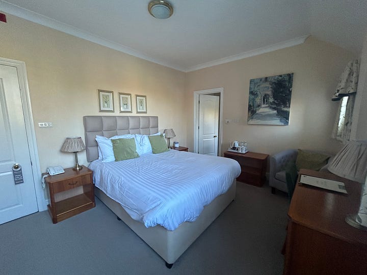 4 photos of a room at Petwood Hotel, Woodhall Spa including the ensuite bathroom.