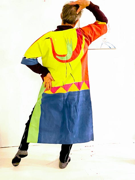 Berta's Handpaintined Caftan and My Red Overalls