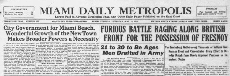 Front page of the Miami Metropolis on May 18, 1917.