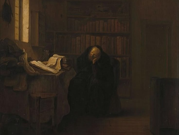 This may contain: a painting of a man sitting in a room next to a book shelf with books on it