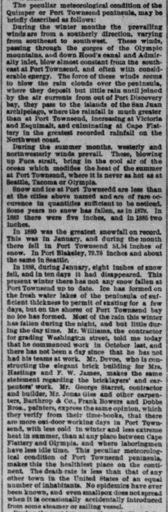 A cropped newspaper clipping from the Seattle Post-Intelligencer dated November 25, 1889, discussing climate and working conditions in Port Townsend.