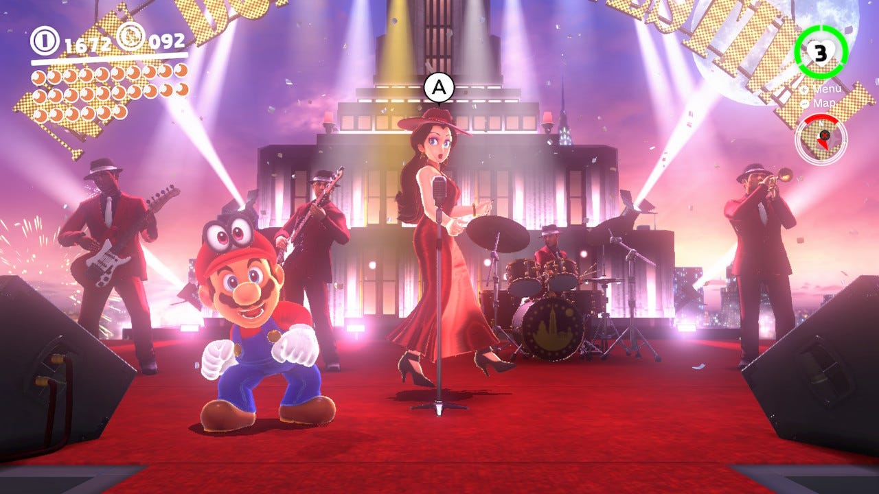 Mario dances next to Pauline during the Metro Kingdom festival; a large skyscraper is visible in the background, and four musicians are playing behind Mario and Pauline.