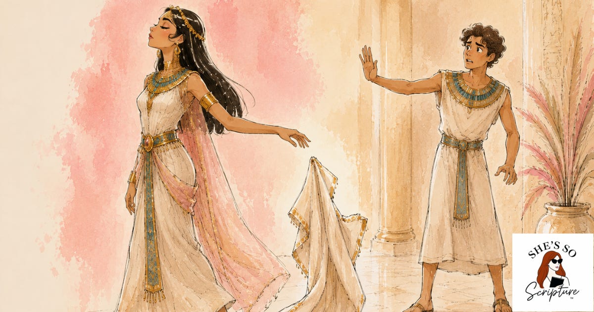 Illustrated image of Potiphar's wife dropping Joseph's garment Illustrated image of Potiphar's wife dropping Joseph's garment