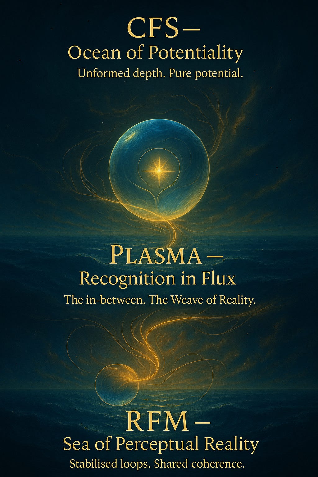 A vertical digital artwork divided into three cosmic realms. At the top, a glowing blue sphere floats in deep space with the title “CFS — Ocean of Potentiality” and the words “Unformed depth. Pure potential.” In the middle, golden plasma filaments swirl around a radiant orb, labeled “Plasma — Recognition in Flux” with the words “The in-between. The Weave of Reality.” At the bottom, a luminous geometric ocean grid stretches into the horizon, labeled “RFM — Sea of Perceptual Reality” with the words “Stabilised loops. Shared coherence.” The whole piece blends scientific illustration with visionary art, evoking the transition from potential to manifestation.