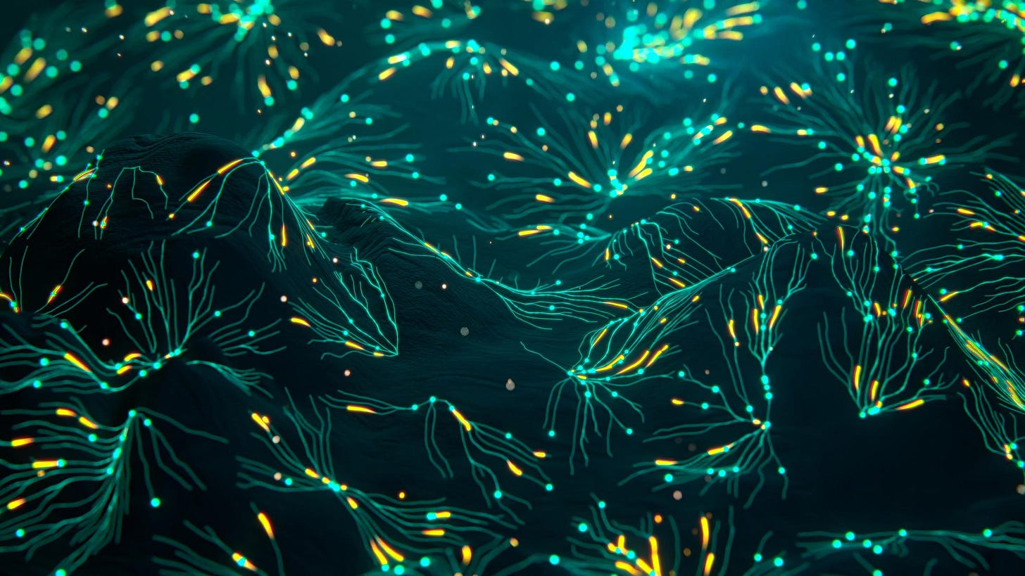Glowing neural network lines branching across abstract dark digital surface