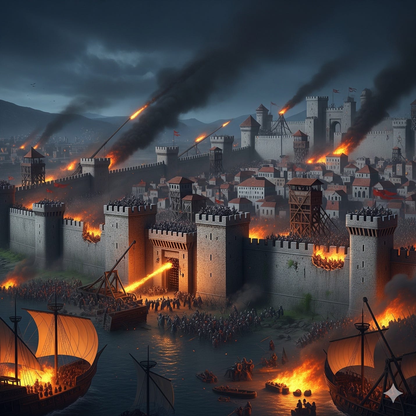 A castle with ships burning

AI-generated content may be incorrect.