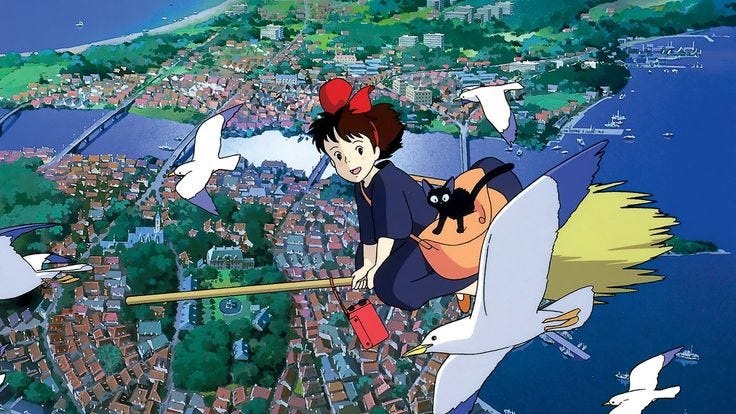This may contain: a woman flying through the air while riding on top of a white bird in front of a city