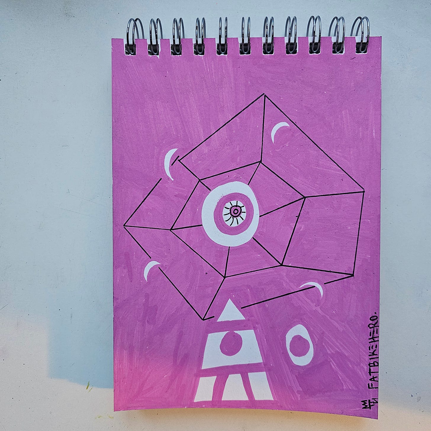 Alt Text: A vertical mixed-media drawing by FatbikeHero featuring a solid purple background. A black-outlined geometric shape containing a central eye floats above a white rocket tower. White crescent moon shapes surround the central object. Signed "FatbikeHero" in the bottom right corner. Alt Text: A vertical mixed-media drawing by FatbikeHero featuring a solid purple background. A black-outlined geometric shape containing a central eye floats above a white rocket tower. White crescent moon shapes surround the central object. Signed "FatbikeHero" in the bottom right corner.