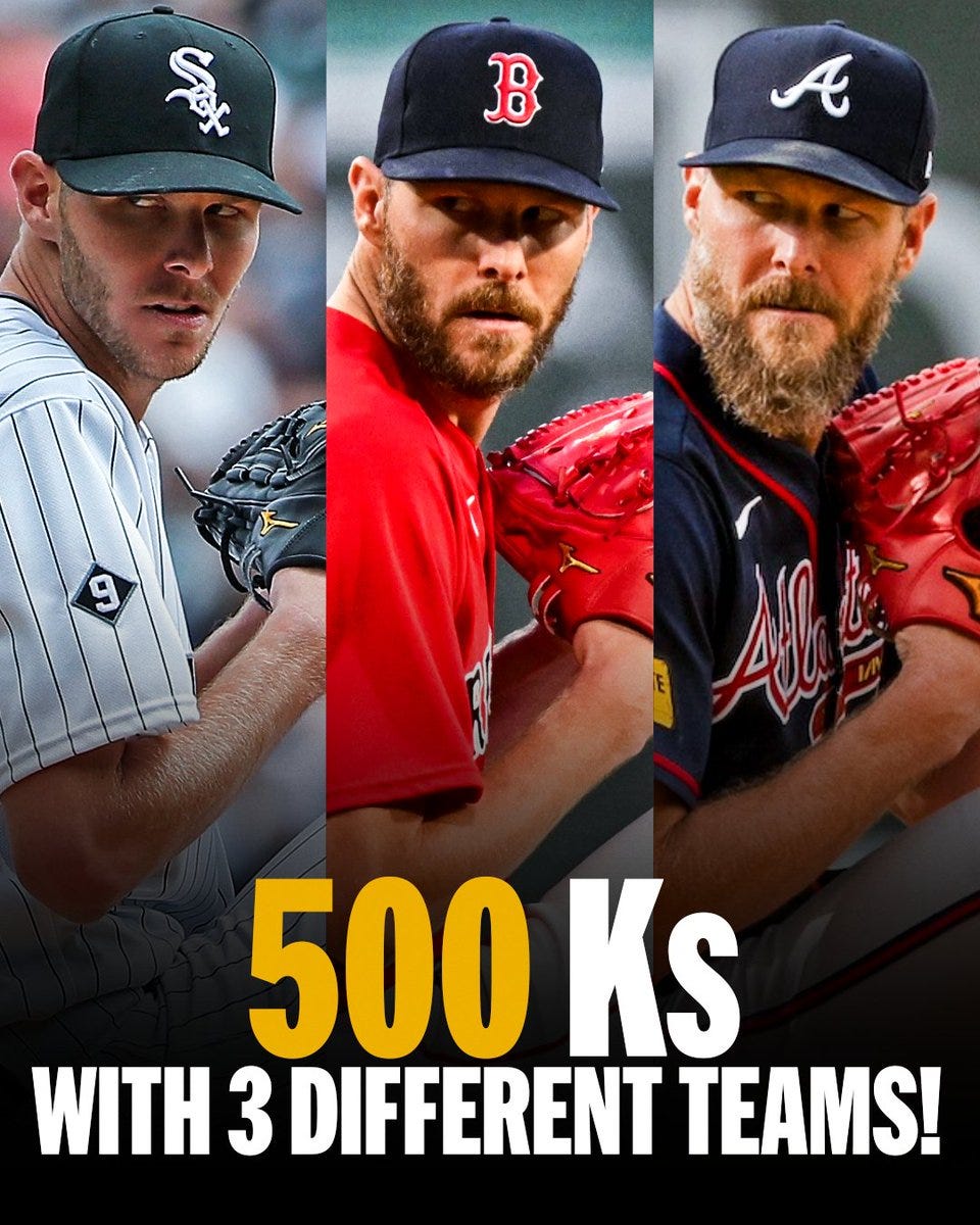 Chris Sale
500 Ks with 3 different teams

Pictured, from left to right: Chris Sale begins to throw a pitch, he wears a white White Sox jersey and black cap. Chris Sale begins to throw a pitch, he wears a red Red Sox jersey and dark blue cap. Chris Sale begins to throw a pitch, he wears a dark blue Braves jersey and dark blue cap.