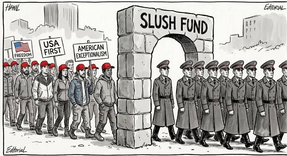 May be an image of money and text that says 'HAnIL m_ FREEDOM USA FIRST EdTORIAL SLUSH FUND AMERICAN EXCEPTIONALISM አሀቶ -٦ Eatorial' May be an image of money and text that says 'HAnIL m_ FREEDOM USA FIRST EdTORIAL SLUSH FUND AMERICAN EXCEPTIONALISM አሀቶ -٦ Eatorial'