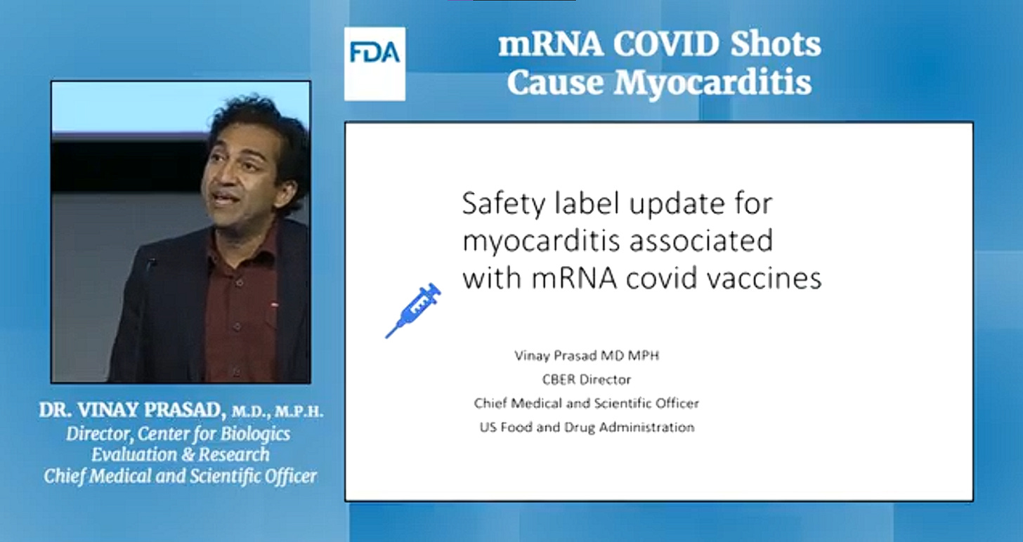 Vinay Prasad giving an FDA Presentation titled: "mRNA COVID-19 shots cause miyocarditis," a long debunked conspiracy theory Vinay Prasad giving an FDA Presentation titled: "mRNA COVID-19 shots cause miyocarditis," a long debunked conspiracy theory