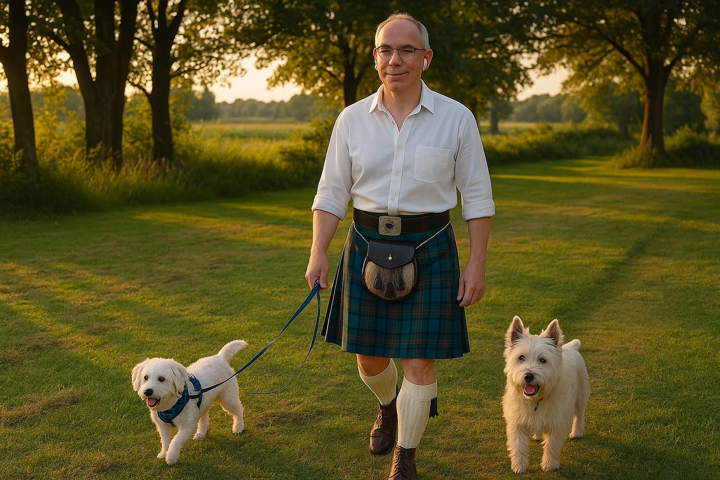 A middle-aged man wearing a tartan kilt, white shirt, and long socks walks his two small dogs along a grassy path at sunset, surrounded by trees and golden light.