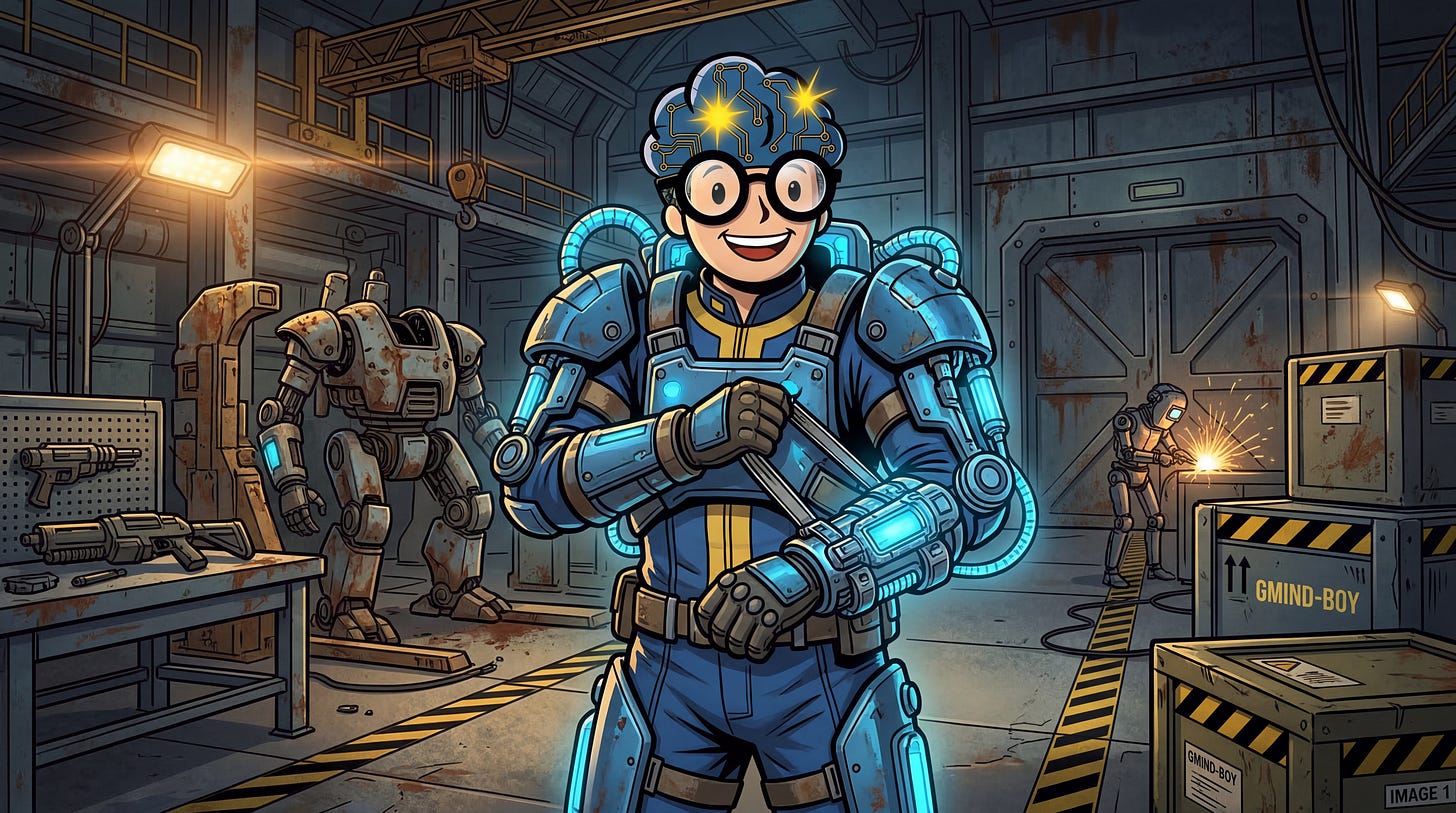 Illustration du GMIND-BOY en tenue de vol, ajustant les sangles d'un exosquelette complexe dans le hangar de l'Abri.